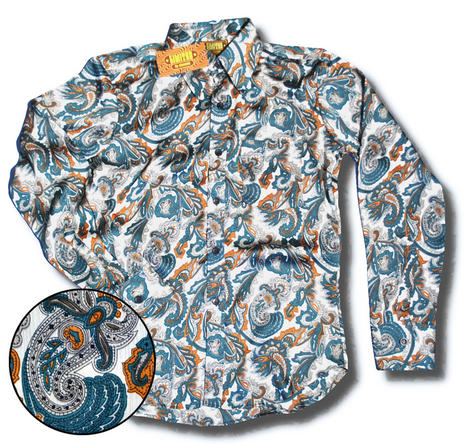 Chenaski Ltd Edition Retro 60's 70's Big Paisley Print Long Sleeve Shirt White Turquoise Preview
